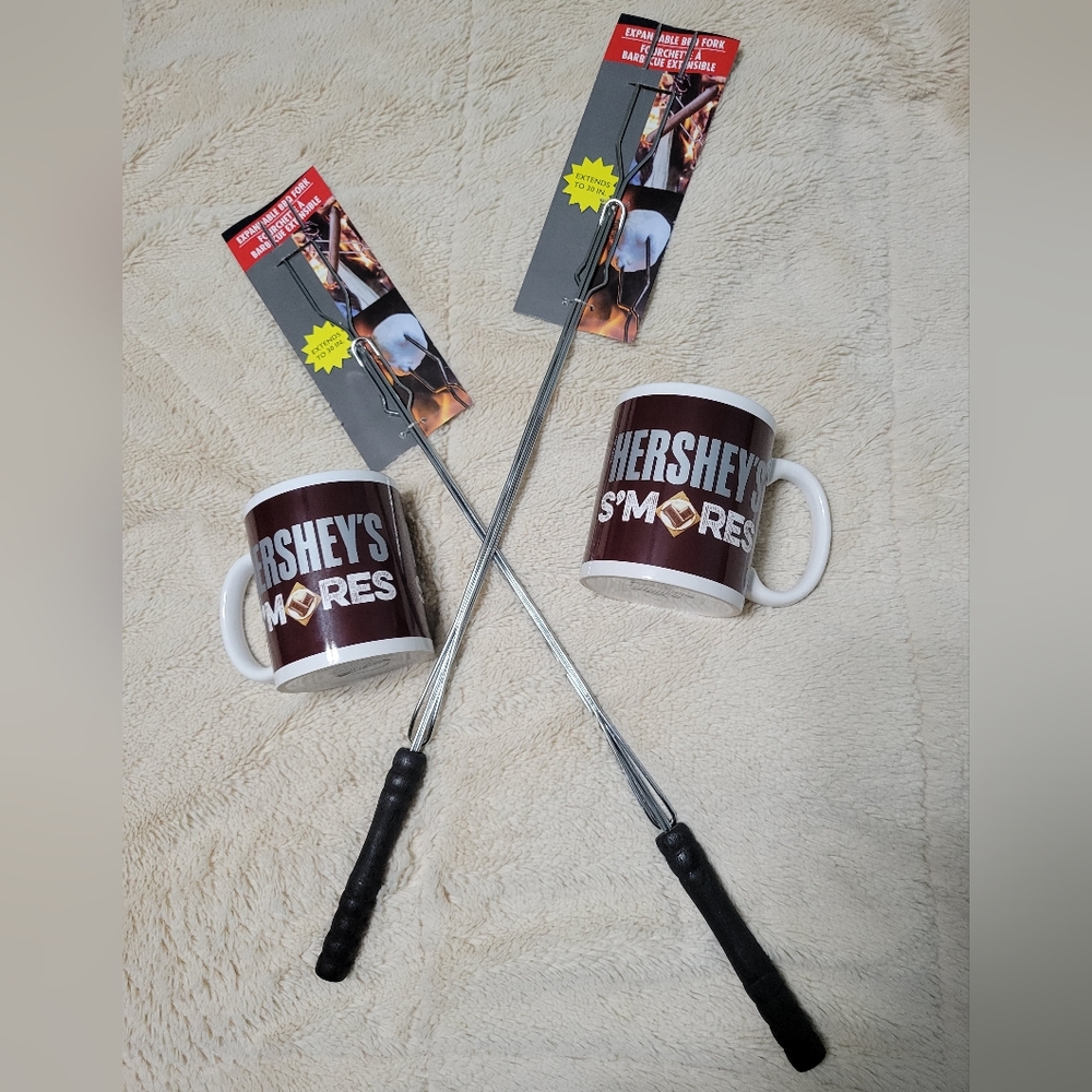 Set of 2 Hershey Smores Mugs and 2 Extendable Cooking Forks Skewers hot dogs too